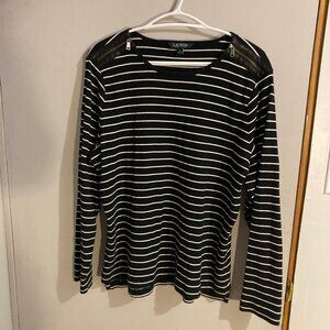 Ralph Lauren 100% Cotton Black and White Striped Zip Shoulder Top, Size 2X
